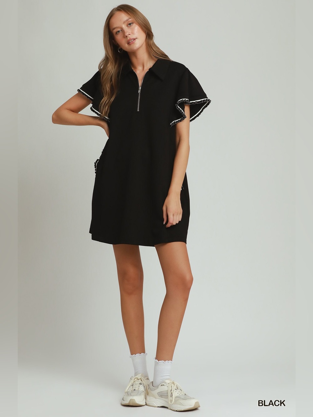 Umgee Half Zip Ruffle Rib Band Butterfy Sleeve Mini Dress with Pockets - Picture 4 of 6